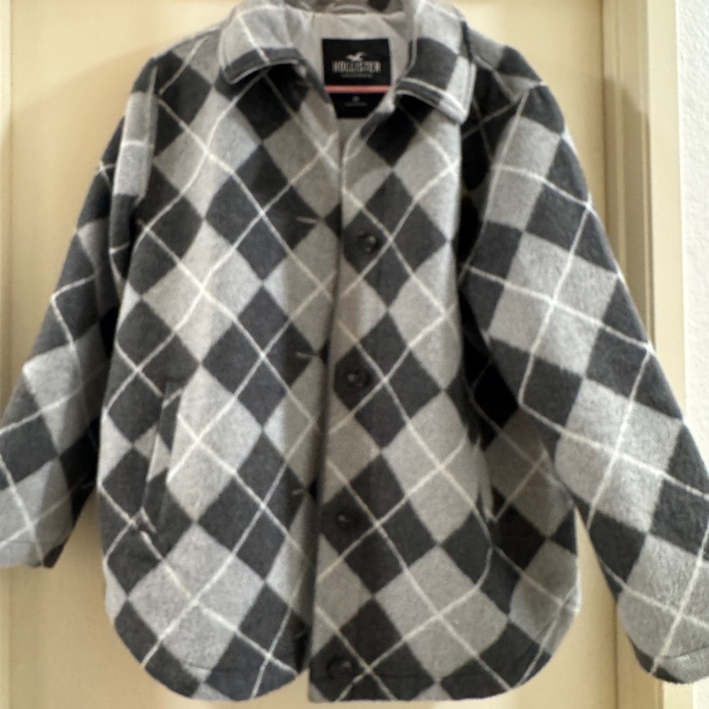 Hollister Black and Gray Argyle Pea Coat
